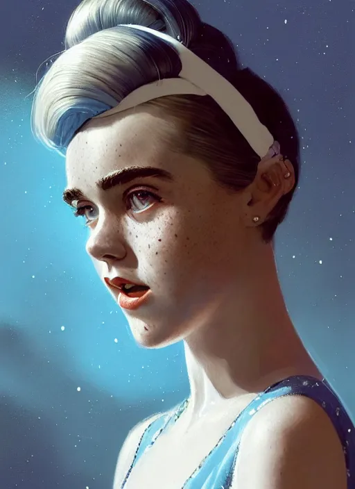 Image similar to portrait of kiernan shipka with freckles, white hair, 1 9 6 0 s bob hairstyle with bangs and hairband, blue 1 9 6 0 s dress, intricate, elegant, glowing lights, highly detailed, digital painting, artstation, concept art, smooth, sharp focus, illustration, art by wlop, mars ravelo and greg rutkowski