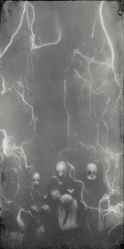 Prompt: spirit photography with glowing bulbous ectoplasm, scary shadow people, sleep paralysis demon, plasma lightning bolts, 1 9 0 0 s, slimer, mourning family, invoke fear and dread, old photograph, daguerreotype