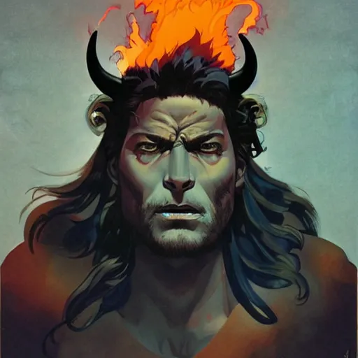 Prompt: Joshua Middleton comic art, A large black bison with fiery eyes, Bison God, Ancient, a scene from the TV show, American Gods