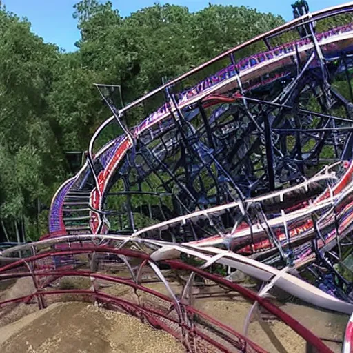 Prompt: front row go pro footage of a rollercoaster with an upcoming broken section of track