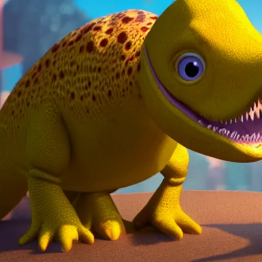 Prompt: pixar render the yellow dinosaur, cute character, high detail, fine hair details, big eyes, friendly, warm and calming, bursting with energy and life, after effects, post processing, video and game ready, octane render, volumetric lighting, glow lights, sharp focus, clear focus, soft shadows, highly intricate and beautiful symmetry