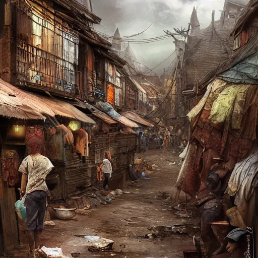 Image similar to slum neighborhood in lord of the ring world, fantasy, on artgerm, ilya yefimovich repin style, hyperrealistic content, high definition content, intricate, delete duplicate content, justify content center, left align, right align, ultra detailed content, ultra realistic human + environment + animal content, 5 dark tone colors