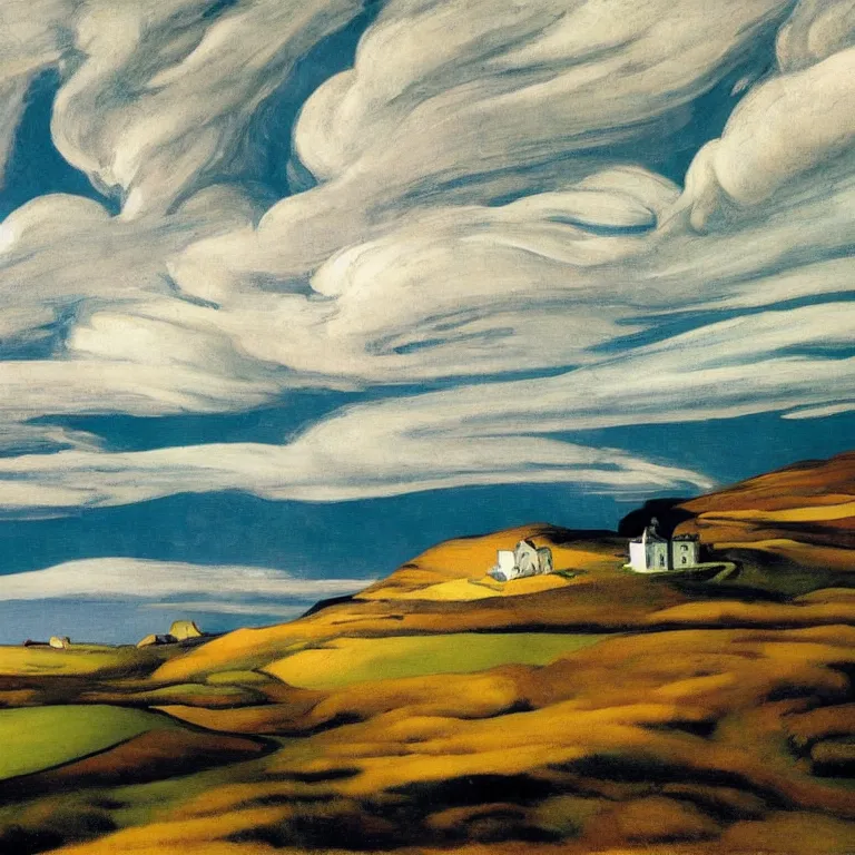 Image similar to dramatic landscape of donegal ireland after the storm, mammatus clouds and lenticular clouds, by edward hopper and giorgio de chirico