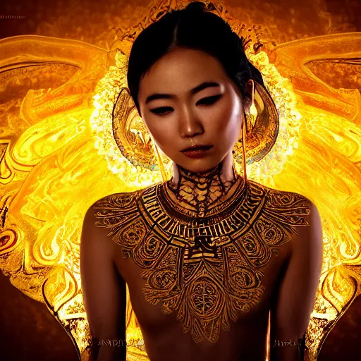 Image similar to asian girl, liquid golden and black fluid, magic hour, dramatic light, liquid painting, golden bodypaint, world best photography, indian patterns, bokeh, golden jewelry filigree, body detaily, ornaments, fresco by michealangelo, golden rays, god rays, epic cinematic wallpaper