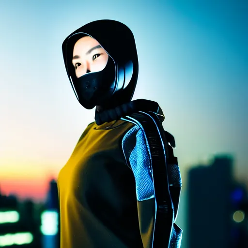 Image similar to photographic portrait of a techwear woman, closeup, on the rooftop of a futuristic city at night, sigma 85mm f/1.4, 4k, depth of field, high resolution, 4k, 8k, hd, full color