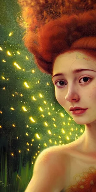 Image similar to empathic young woman, smiling amazed, golden fireflies lights, full covering intricate detailed dress, amidst nature, long red hair, precise linework, accurate green eyes, small nose with freckles, beautiful oval shape face, realistic, expressive emotions, dramatic lights, hyper realistic ultrafine art by artemisia gentileschi, jessica rossier, boris vallejo