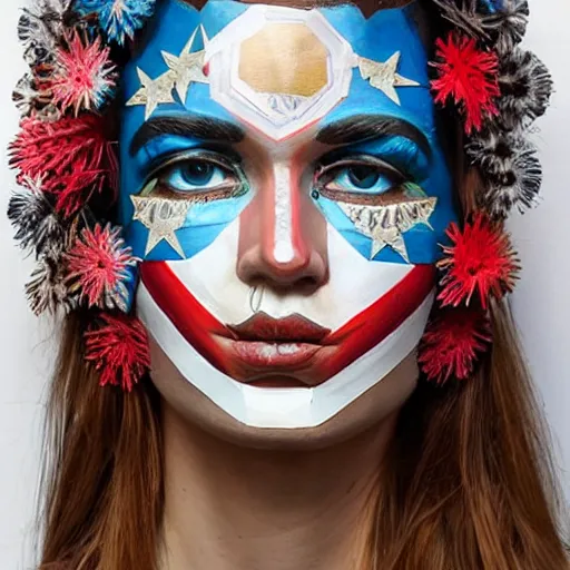 Image similar to a beautiful portrait sculpture designed by Sandra Chevrier, tribal head dress, American stars and stripes on face