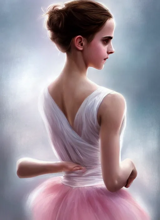 Prompt: emma watson as ballerina, ballet pose, soft pink and white transparent cloth, D&D, shiny background, intricate, elegant, highly detailed, digital painting, artstation, concept art, smooth, sharp focus, illustration, artgerm, bouguereau