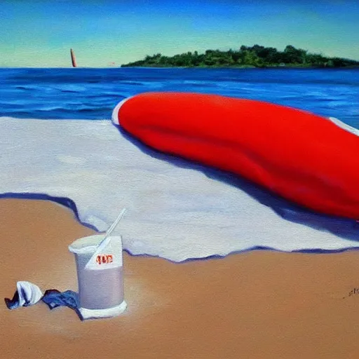 Image similar to an oil painting of a giant white styrofoam cup on the beach, the beach has red water, surrealism