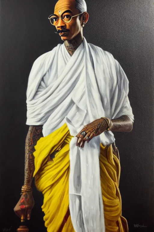 Image similar to full body portrait of wiz khalifa as mahatma gandhi, oil on canvas by william sidney mount, hindu art, great soul, black and yellow, trending on artstation