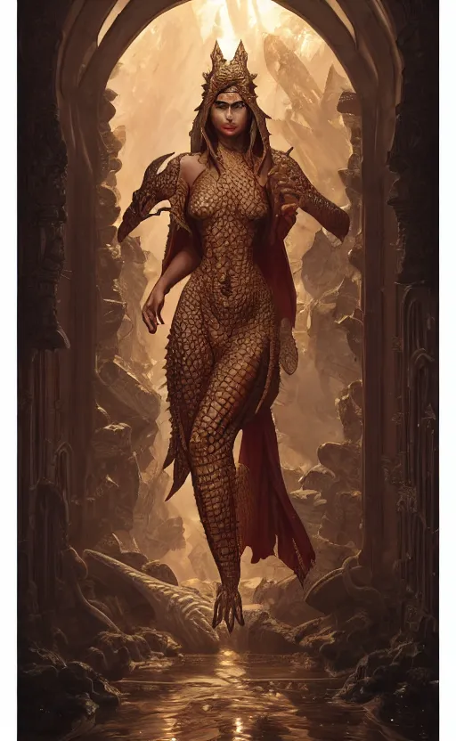 Image similar to crocodile godess in temple portal, reptilian skin, d & d, fantasy, intricate, elegant, highly detailed, digital painting, artstation, concept art, matte, sharp focus, illustration, art by artgerm and greg rutkowski and alphonse mucha