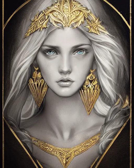 Image similar to tattoo design sketch of cute beautiful blonde super model as aphrodite greek goddess wearing a gold laurel wreath and triangle earrings, beautiful piercing gaze with sharp pupils, in the style of greg rutkowski, fantasy, amazing detail, epic, elegant, smooth, sharp focus, front view