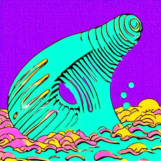 Prompt: deep ocean snail blowing bubbles, vaporwave risograph, synthwave