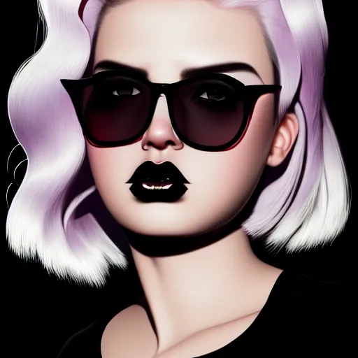 Prompt: realistic high key portrait photo of a beautiful chubby curvy pale alabaster goth girl with asymmetrical punk rock hair and badass euro design sunglasses hiding a secret. mole on cheek. half portrait by stanley artgerm, dramatic lighting, by nagel, shin jeongho, nick silva and ilya kuvshinov, deviantart, detailed character design, 8 k resolution