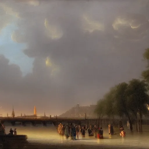 Image similar to 1750 Paris streets getting stormed, in the style of the Hudson River School