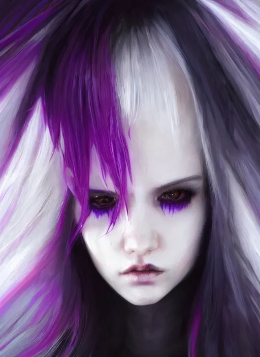 Prompt: hair whitebangs hair, black cyberlox, portrait of normal teenage girl with white bangs, messy bangs, cyberlox, whitebangs, red irises, purple clothes, intricate, elegant, glowing lights, highly detailed, digital painting, artstation, concept art, sharp focus, smooth, illustration, art by wlop, mars ravelo and greg rutkowski