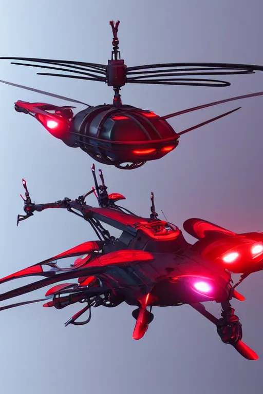Image similar to futuristic flying helicopter robot with glowing red eyes, digital art, fantasy, trending on artstation, professional illustration, cgsociety, ultra detailed