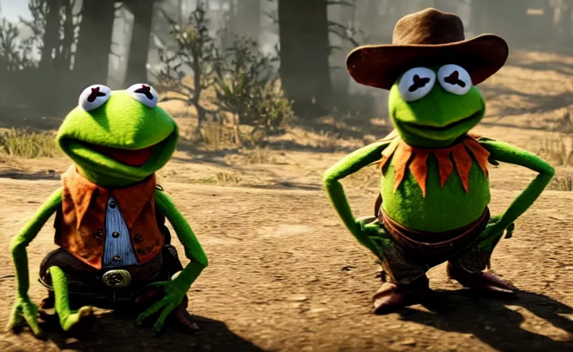 Image similar to kermit the frog in red dead redemption 2, cinematic shot, 4 k