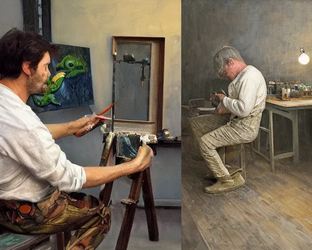 Image similar to an exhausted painter in his studio painting a picture of a pepe the frog - key lighting, soft lights, foggy, by steve hanks, by lisa yuskavage, by serov valentin, by tarkovsky, 8 k render, detailed, oil on canvas