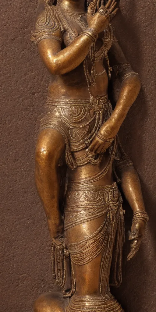 Prompt: detailed photo of an old bronze patina statue of lakshmi indian godess, full body portrait, photorealism, intricate detail, museum diffuse lighting