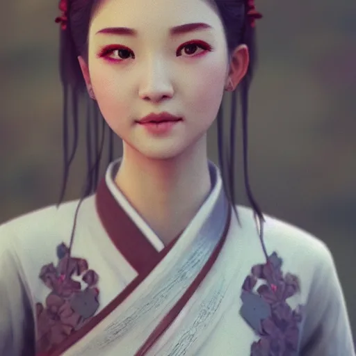 Image similar to a lovely girl in hanfu, by ruan jia, by yun ling, happy expression, smile, unreal engine, 3 d render, 8 k, closeup, smooth, trending on artstation, digital illustration, black hair