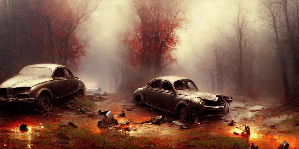 Image similar to a crashed car on a mountain road in 1 9 4 0 with red light on, sunny day, a men stand up next to the car, mystical orange fog, oil on canvas, art by andreas achenbach, clemens ascher, tom bagshaw and sabbas apterus,