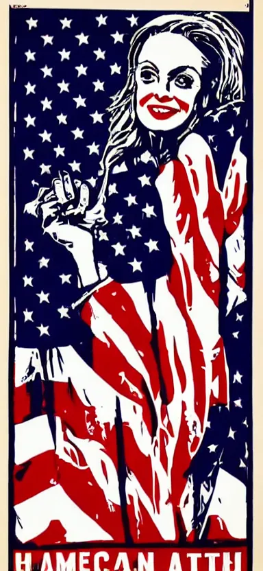 Prompt: heather graham American election poster, block print