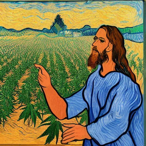 Prompt: jesus with jimm kerry spreads his hands against the background of growing cannabis. an oil painting in the style of van gogh