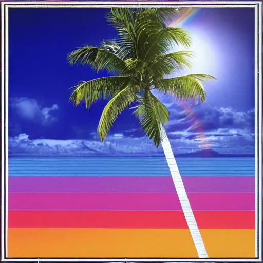 Image similar to miracle musical Hawaii part ii album cover, showing an ocean in the background, spiral transparent stairs on the left with tall palm trees behind it, a slight rainbow in the background, white outline border, moon in the right top area black and white except for the rainbow album cover