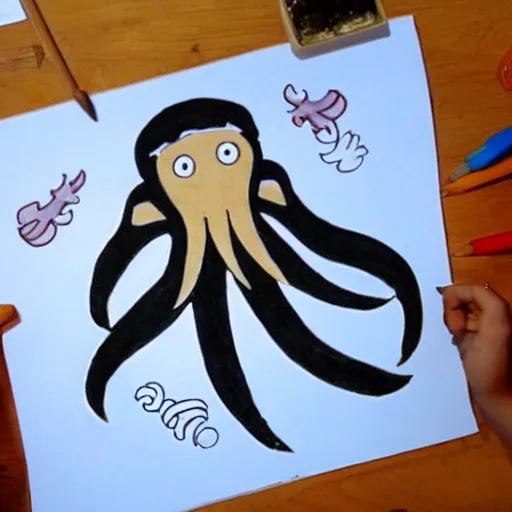 Image similar to pichacu cooks a squid, childish drawing, detailed