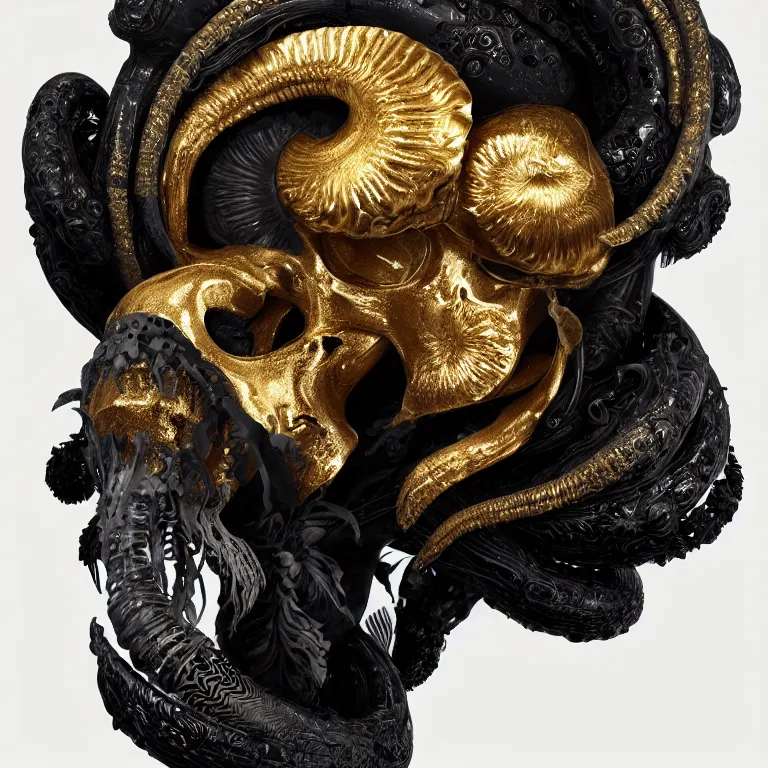 Image similar to black background. absolutely symmetrical sculpture. centered. goddess princess face close-up portrait ram skull. sculpture made of gold and black charcoal. jellyfish phoenix head, nautilus, orchid, skull, betta fish, bioluminiscent creatures, intricate artwork by Tooth Wu and wlop and beeple. octane render, trending on artstation, greg rutkowski very coherent symmetrical artwork. cinematic, hyper realism, high detail, octane render, 8k