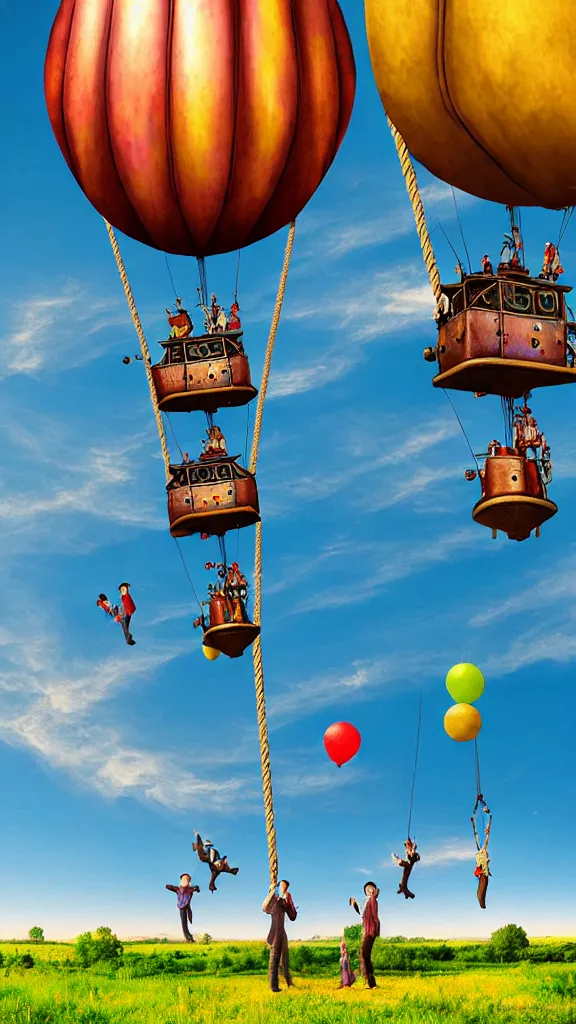 Image similar to large colorful vintage steampunk balloons with people on rope swings underneath, flying high over the beautiful countryside landscape, professional photography, 8 0 mm telephoto lens, realistic, detailed, digital art, unreal engine