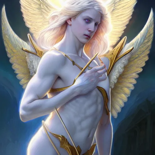 Image similar to the pale blond male angel of battle lucius wearing a white periwinkle, sci fi, glowing eyes, volumetric lights, gold theme, art nouveau botanicals, intricate, highly detailed, digital painting, artstation, concept art, smooth, sharp focus, cinematic, illustration, beautiful face, art by artgerm and greg rutkowski and alphonse mucha