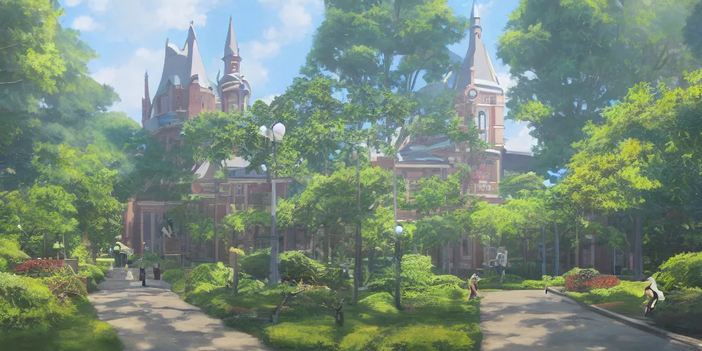 Prompt: a university campus, cinematic angle, studio Ghibli, cinematic lighting, detailed oil painting, hyperrealistic, 8k