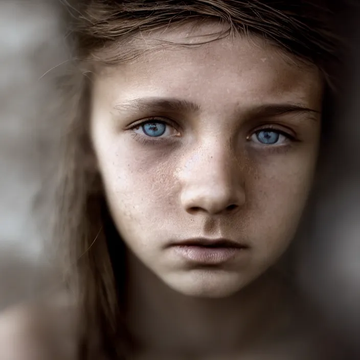 Image similar to photographic Close-up face of a extremely beautiful girl and light brown hair , high light on the left, Sharp focus, cinematic lighting ,non-illuminated backdrop, illuminated by a dramatic light, volumetric light, Low key lighting, light dark, High constrast, dramatic , Steve Mccurry, Lee Jeffries , Norman Rockwell, Craig Mulins ,dark background, high quality, photo-realistic, 8K