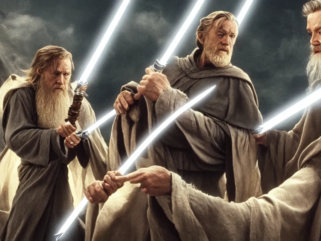 Prompt: Obi Wan fighting Gandalf
