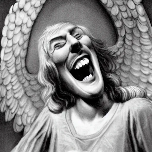 Image similar to an angel laughing at a devils joke