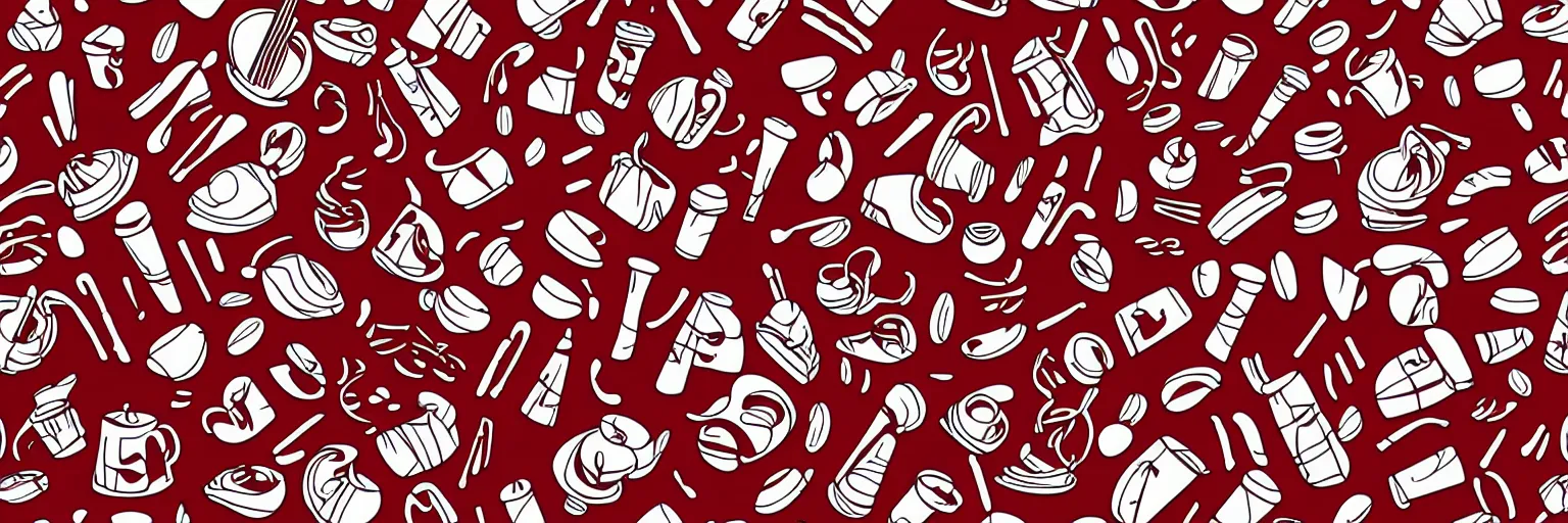 Prompt: seamless pattern design, coffee and musical instrument, vector, simple, red and white,