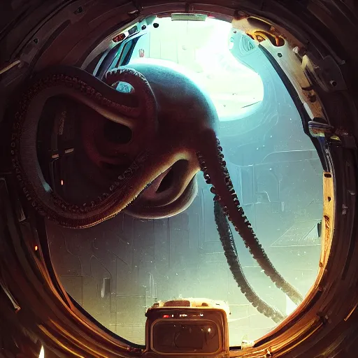 Image similar to The giant octopus monster through the spaceship window, wide shot, broad detail, by Greg Rutkowski