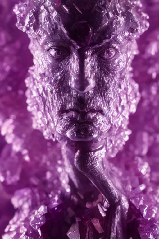 Image similar to A fancy portrait of a purple crystal statue by Greg Rutkowski, beeple, Sung Choi, Mitchell Mohrhauser, Maciej Kuciara, Johnson Ting, Maxim Verehin, Peter Konig, final fantasy, macro lens , 8k photorealistic, cinematic lighting, HD, high details, dramatic, dark atmosphere, trending on artstation