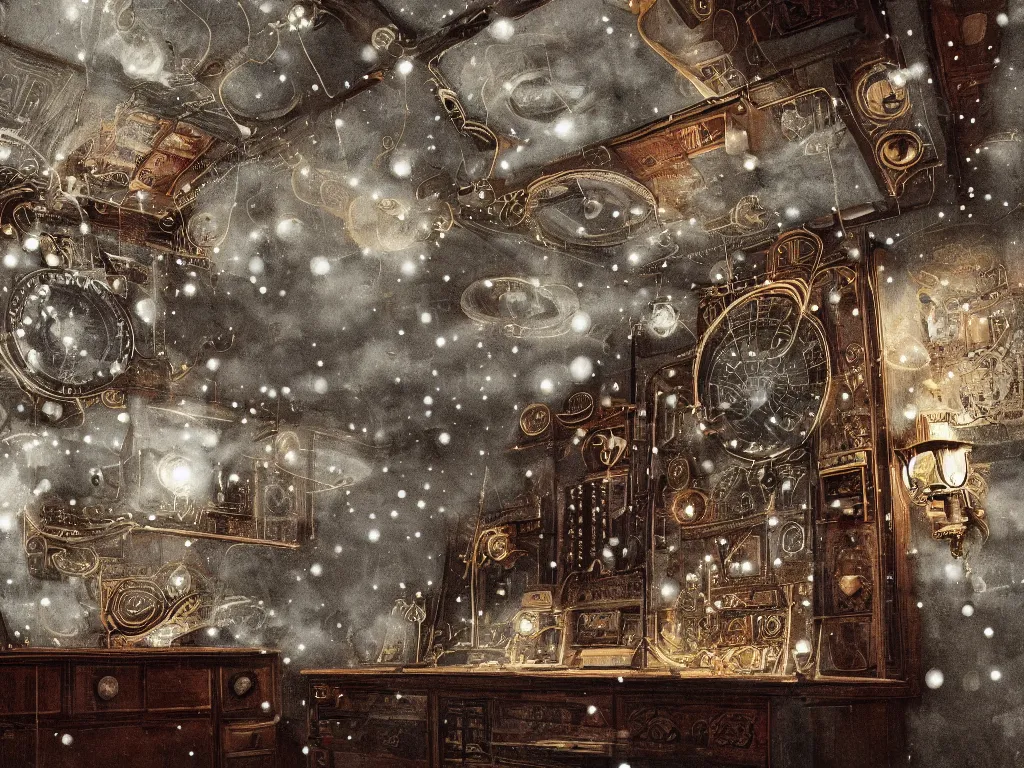 Prompt: richly decorated Victorian modular analog synthesizer with switches buttons knobs screens wires, modern, beautiful, detailed wood, photorealistic, photorealism, lightning, clouds, the winter light comes in through a porthole, volumetric fog