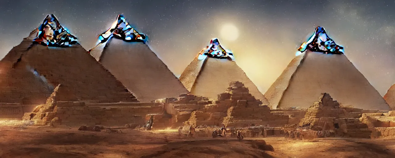 Prompt: a massive starship hovering above the Egyptian. Pyramids at Giza, fantasy, intricate, cinematic lighting, highly detailed, digital painting, artstation, concept art, smooth, sharp focus, illustration, art by Artgerm and Greg Rutkowski and Alphonse Mucha