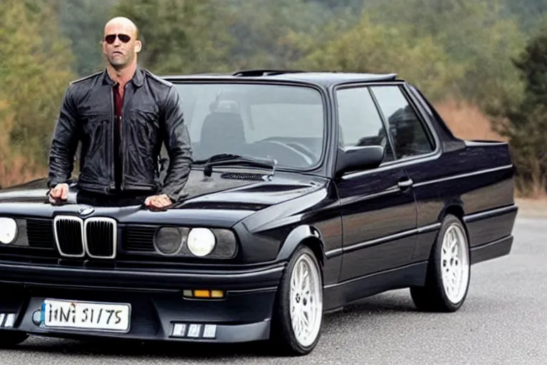 Image similar to Angry Jason Statham lifts BMW e30 that sits above him