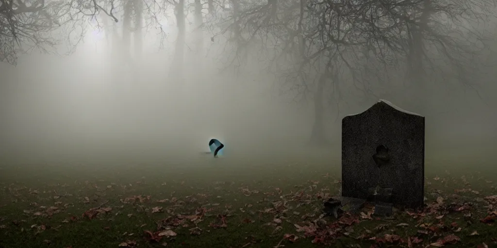 Prompt: creepy weeping transparent female ghostly apparition at a gravestone, horror, Highgate cemetery, tombs, , blanket of fog, rain, volumetric lighting, beautiful, golden hour, sharp focus, ultra detailed, cgsociety