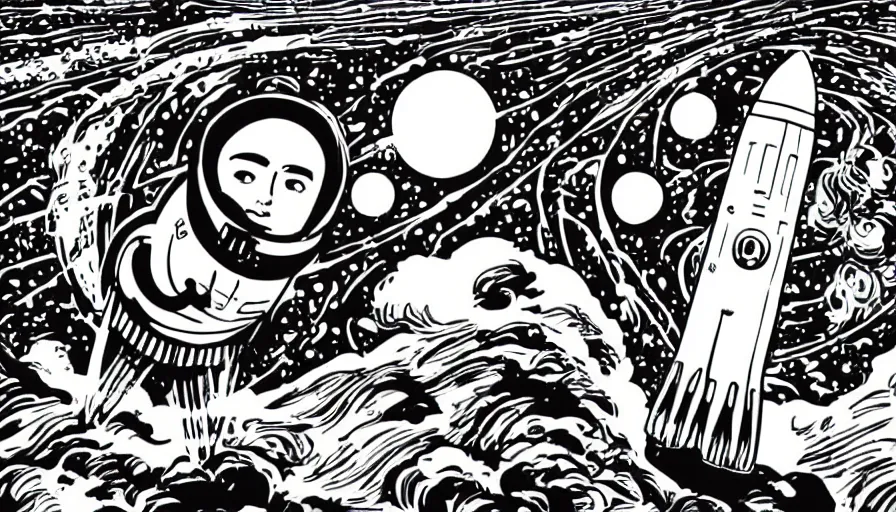 Image similar to travel to the moon with a rocket, style of graphic novel the sandmarn, black outline, on white, smooth, sharp lines, detailed