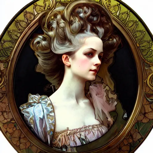 Prompt: realistic detailed face portrait of Marie Antoinette by Alphonse Mucha, Ayami Kojima, Amano, Charlie Bowater, Karol Bak, Greg Hildebrandt, Jean Delville, and Mark Brooks, Art Nouveau, Pre-Raphaelite, Neo-Gothic, gothic, rich deep moody colors