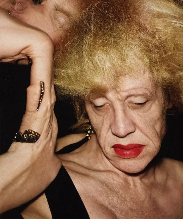 Prompt: a color photograph of nan goldin, by thomas ruff, platinum blond, intense, bold, exaggerated, ultra sharp, extra details, ultra high quality, trending on pinteresst