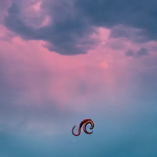 Image similar to colossal octopus flying over a cloudy pink sky, award winning,