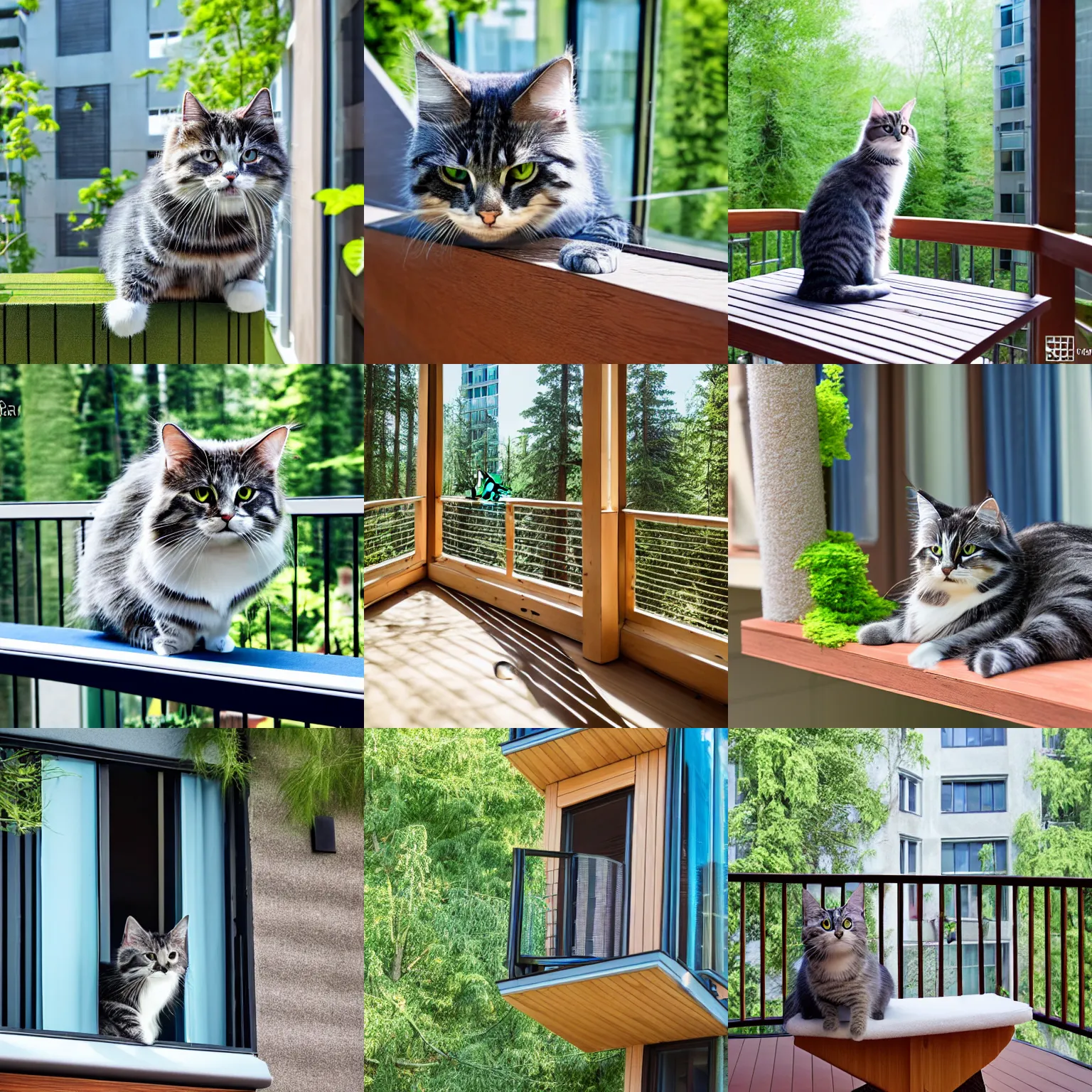 Prompt: catproof balcony situated inside courtyard garden, futuristic, modern, wooden furniture, scratching post, sunny, 5 th floor, blue siberian forest cat, catnet, photography, hyperrealistic, 8 k hd