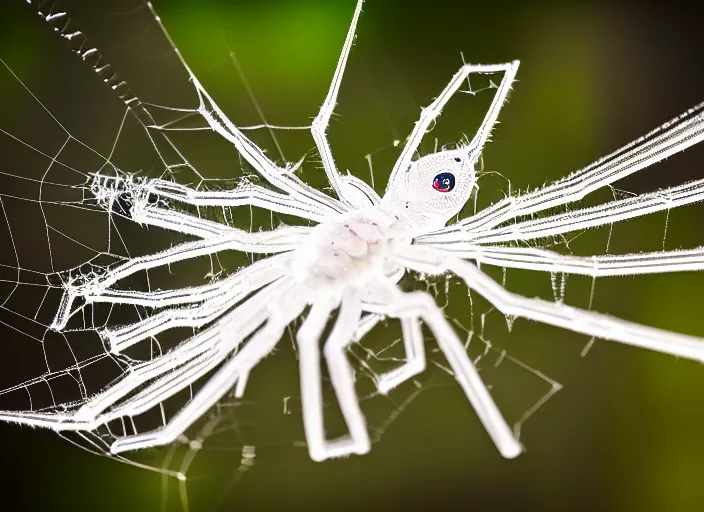 Prompt: super macro of a clear white crystal spider with cybernetics, in the forest. Fantasy magic style. Highly detailed 8k. Intricate. Nikon d850 300mm. Award winning photography.